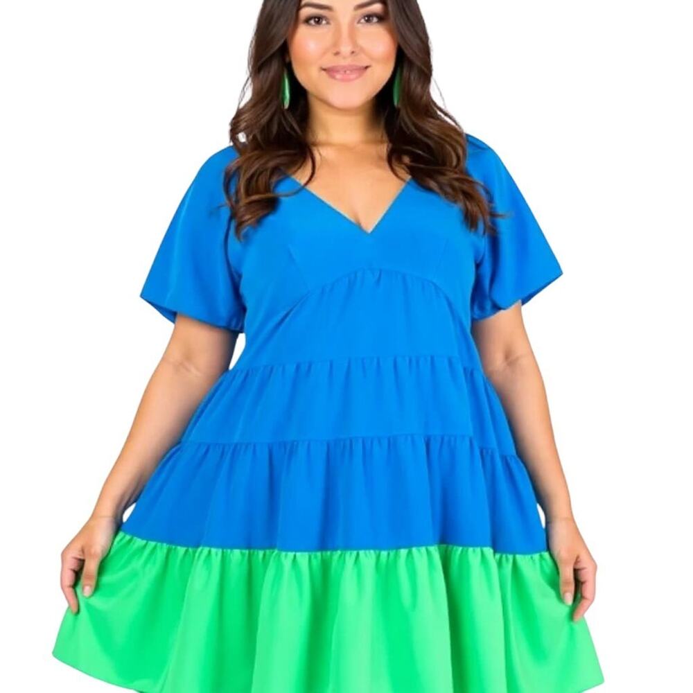 Entro Royal Blue Green Color Block Swing Puff Sleeve Dress Empire Waist Lined 2X